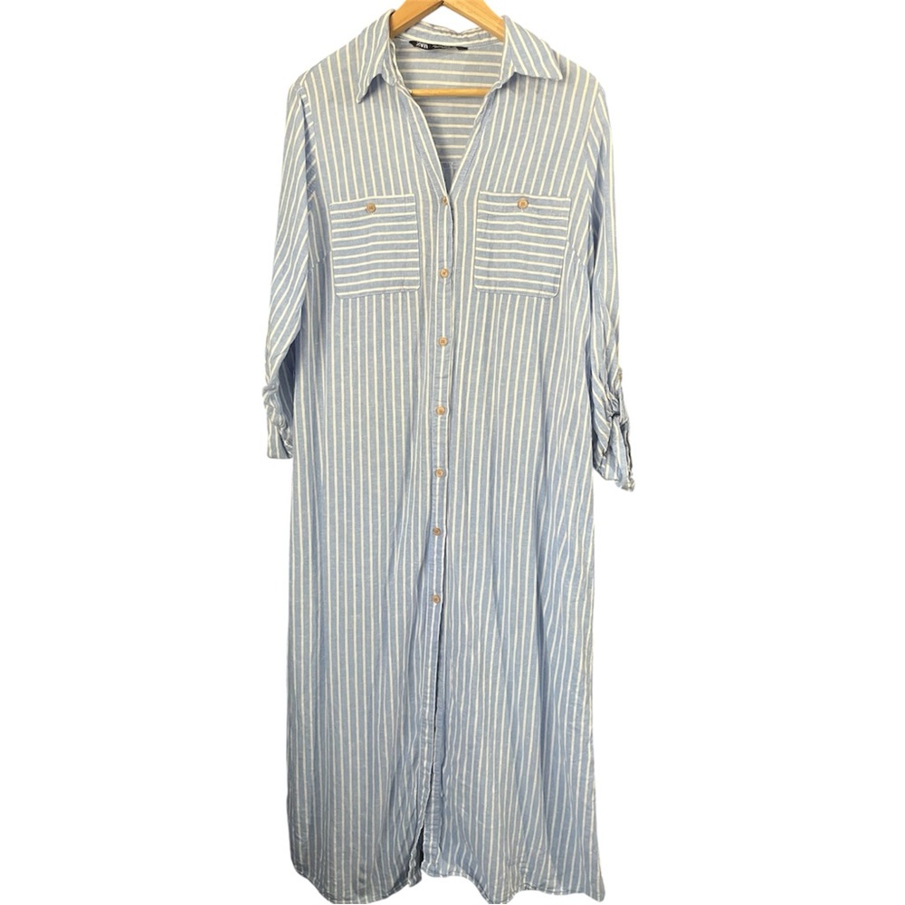 ZARA LINEN BLEND MIDI SHIRTDRESS BLUE & WHITE STRIPED LARGE CASUAL LONG SLEEVE